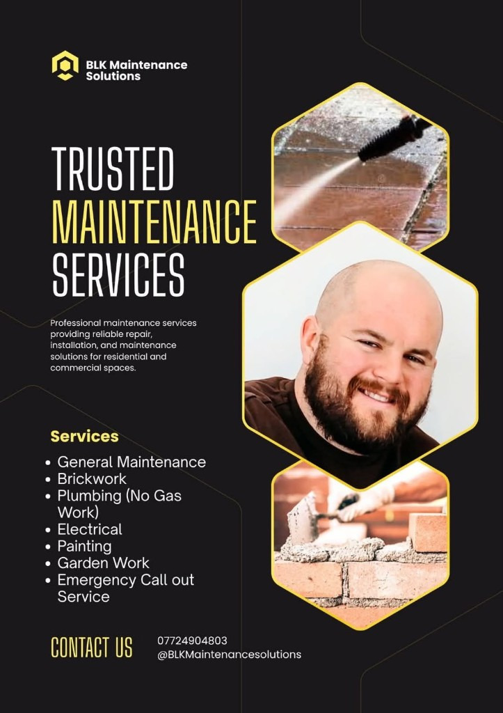 BLK Maintenance Solutions promotional flyer — trusted maintenance services, contact 07724 904803